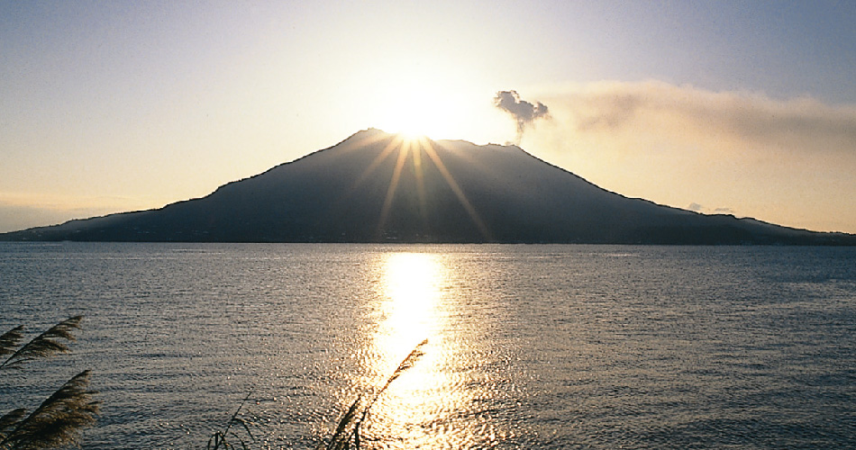 朝日に輝く桜島